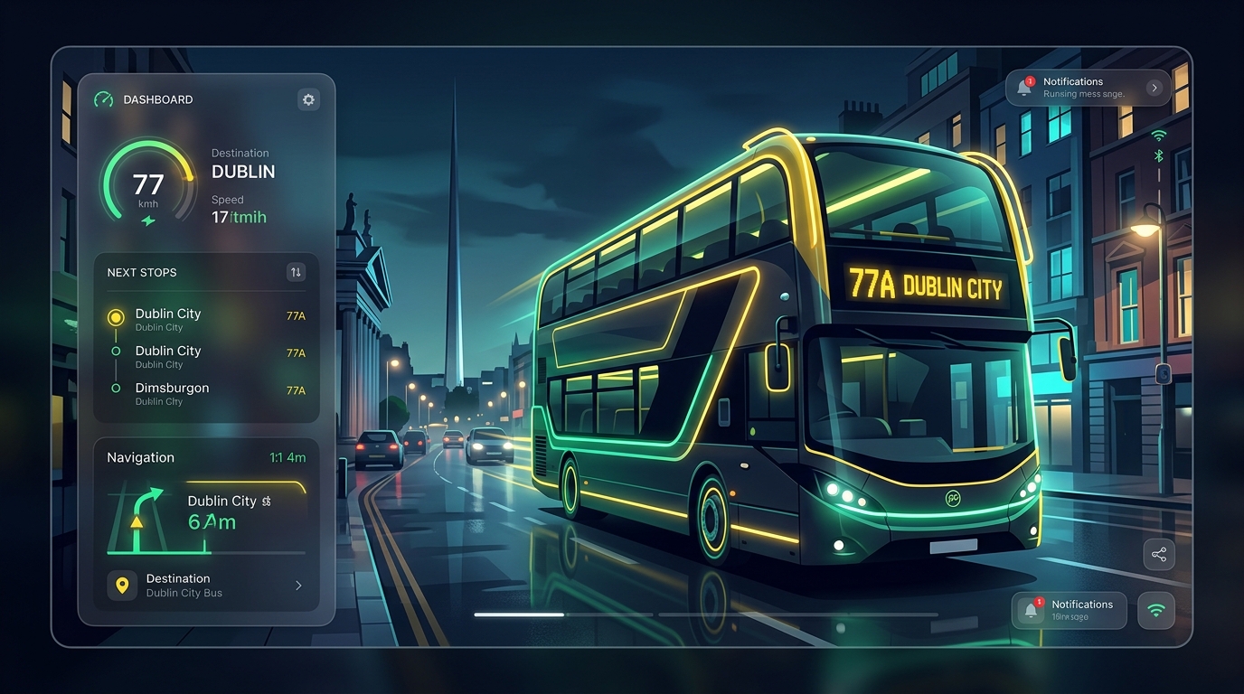 Futuristic Dublin Route 77A Double Decker Bus Illustration